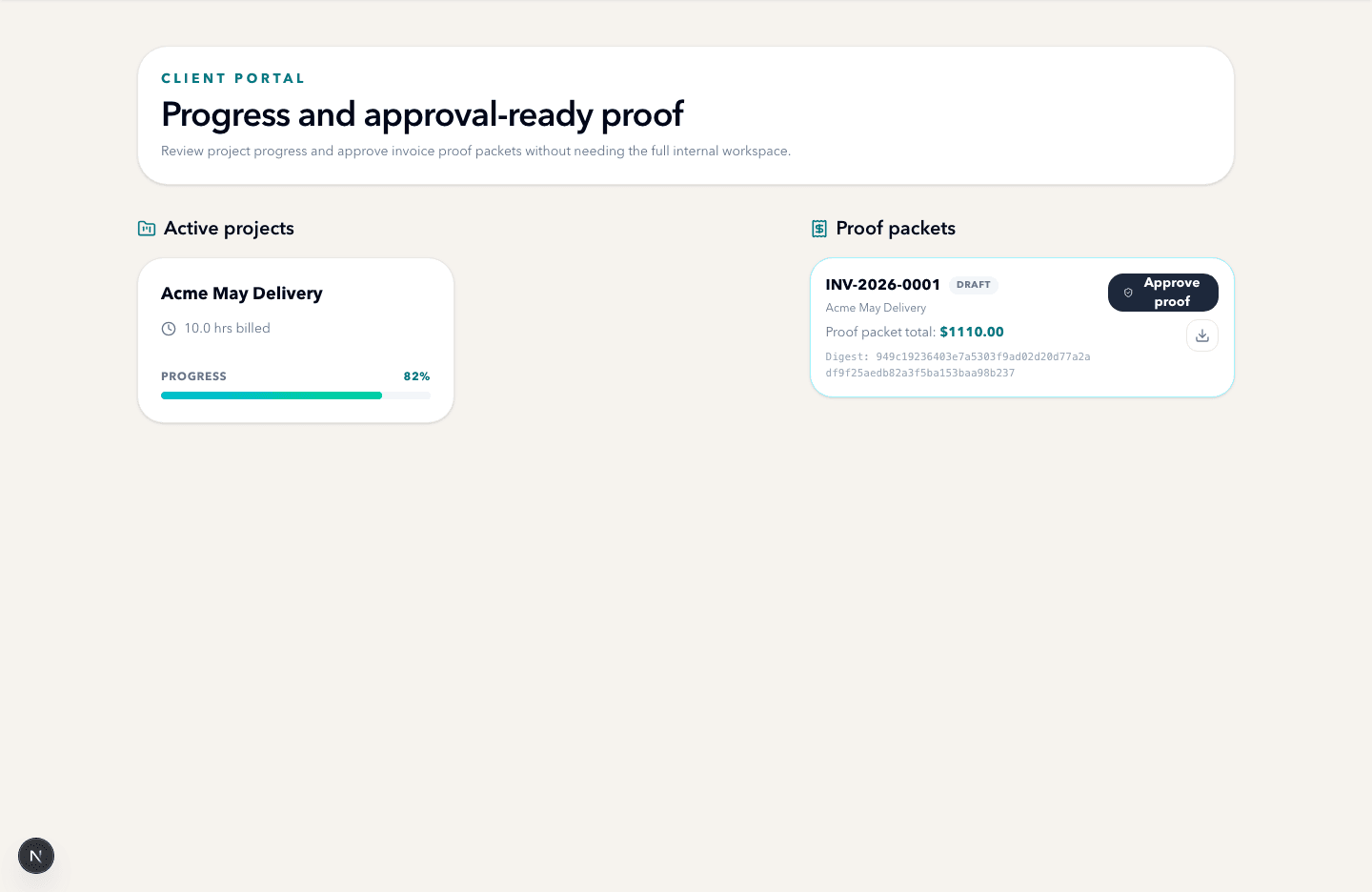 Billabled client sign-off portal screenshot showing active projects and approval-ready proof packets.