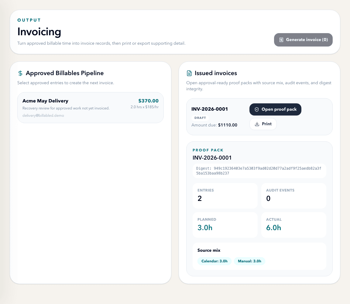 Billabled invoice proof pack screenshot showing issued invoices, digest, source mix, and planned vs actual hours.